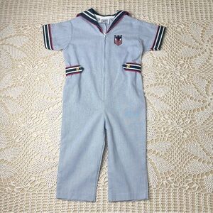 Vintage 1980s Little Bit Baby Boy 3t Blue Pinstripe Nautical Long Romper